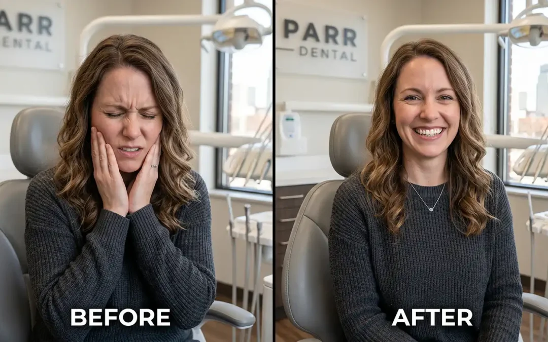 Before-and-after: woman in a dental chair, left shows tooth pain with hands at her cheeks; right shows a happy smile after treatment in the dental clinic.