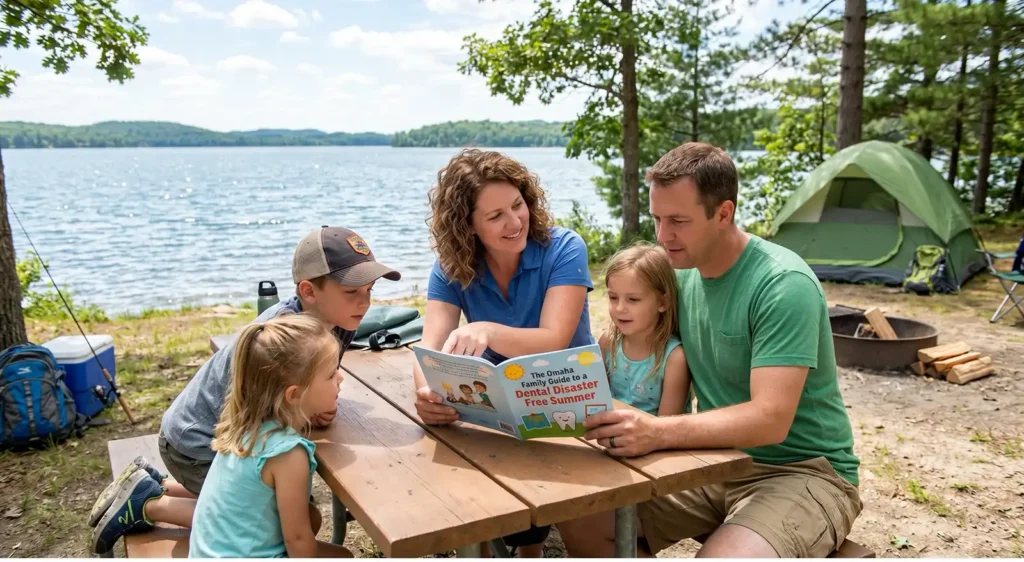 Omaha-Family-guide-to-Dental-Disaster-Free-Summer-Vacation - Parr Dental Family of four reads a children's book together at a lakeside campsite, seated at a wooden picnic table with a green tent nearby.
