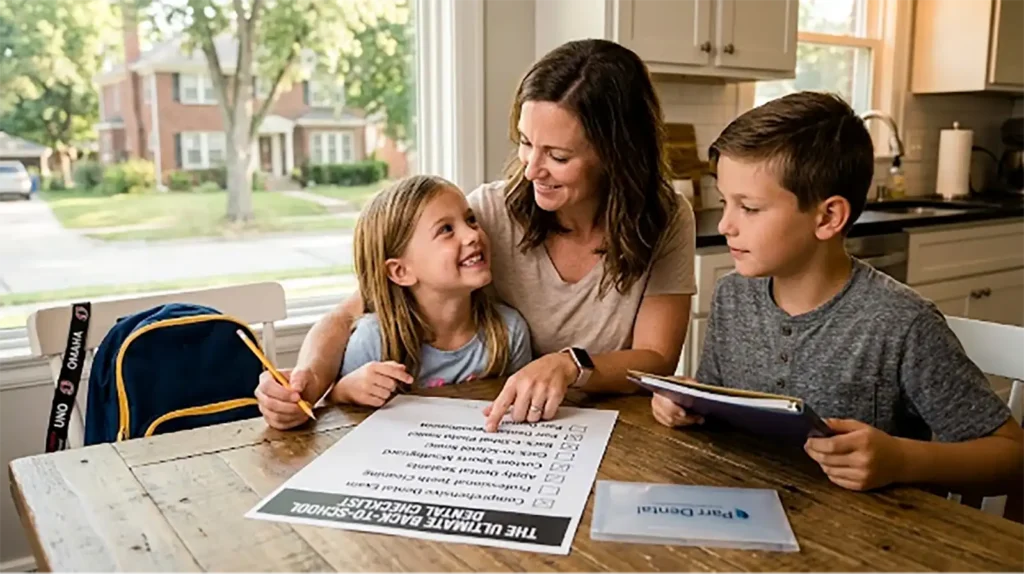 back-to-school-dental-checklist-omaha - Parr Dental A warm photo of an Omaha mother and children preparing for the new school year by going through their dental health checklist from Parr Dental.