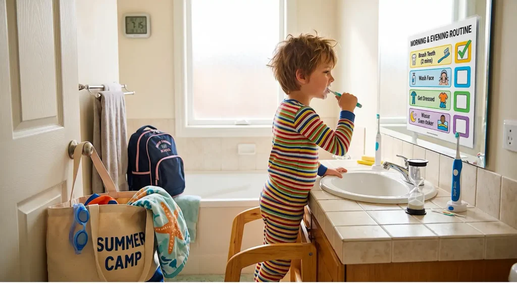 fix-your-childs-brushing-routine - Parr Dental Young boy in striped pajamas brushes his teeth at a bathroom sink, holding a toothbrush with toothpaste.