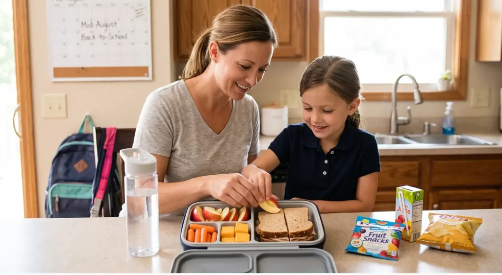 mother-daughter-kitchen-lunchbox - Parr Dental Mother and daughter pack a lunch together at the kitchen counter, placing apple slices into a divided lunchbox with cheese, carrots, and crackers nearby.