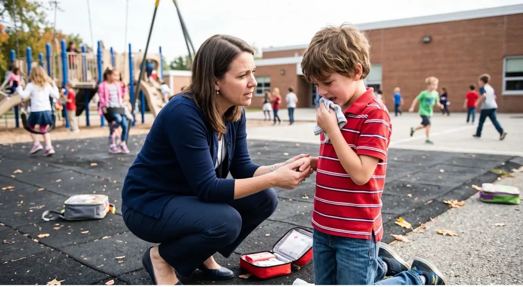 navigating-dental-emergencies-during-school-day - Parr Dental • A candid outdoor photograph taken during recess at an elementary school playground. A compassionate female teacher in a navy cardigan kneels on the blacktop, comforting an 8-year-old boy in a red striped shirt who has experienced a dental injury, holding a cloth to his mouth. She is looking at a first-aid kit nearby while other blurred children continue to play in the background on swings and structures, capturing a realistic scenario of navigating a dental emergency during the school day.