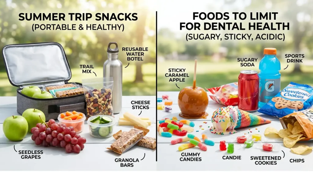 road-trip-snacks-that-wont-cause-cavities - Parr Dental Split infographic: left side shows portable healthy snacks (grapes, apples, trail mix, cheese sticks, granola bars, water bottle) and right side shows foods to limit for dental health (candy, cookies, soda, sports drink, chips).
