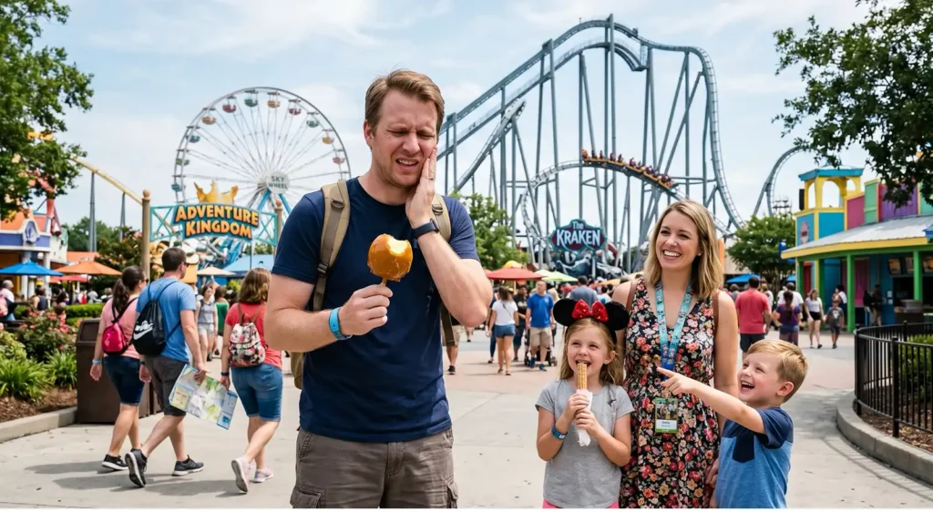 what-to-do-dental-emergency-away-from-home - Parr Dental Man with backpack holding caramel ice cream cone and touching his jaw, flanked by a smiling woman and two kids at a colorful amusement park with roller coasters in the background.